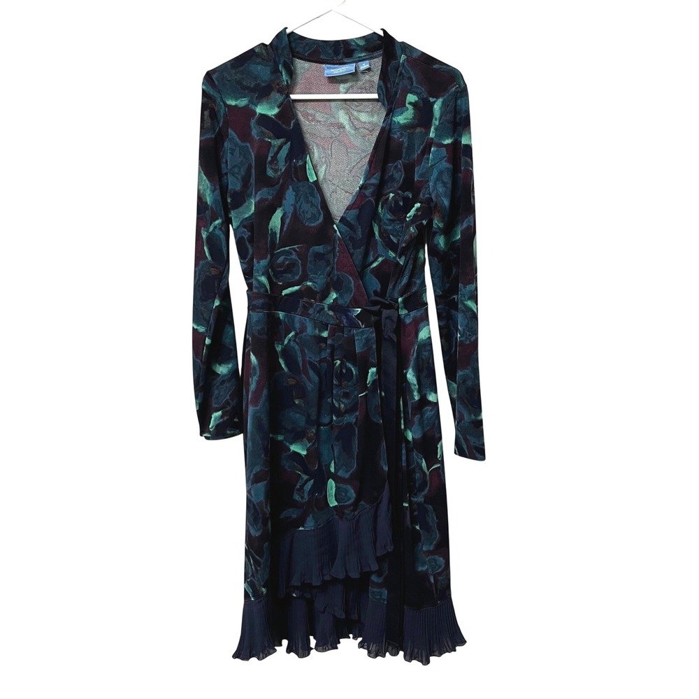 Simply Vera Vera Wang Women Teal Purple Floral Wrap Dress Ruffle Hem Midi Size M